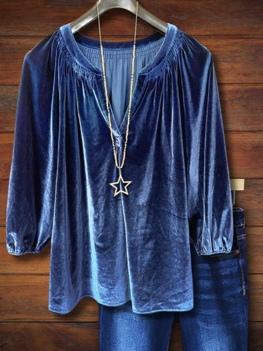 Velvet Split Neck Puff Sleeve Blouse