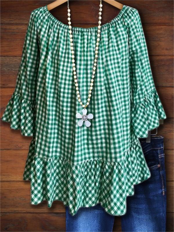 Classic Plaid Ruffle Casual Blouse