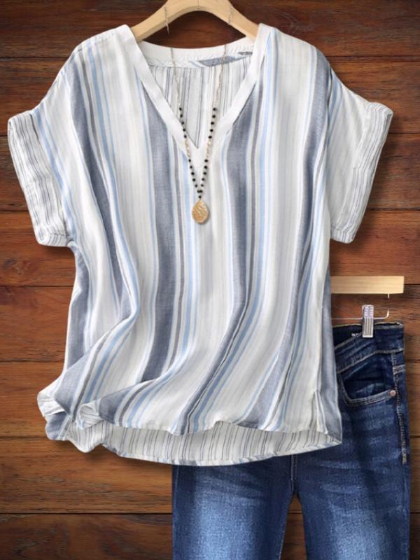 Draped Cotton And Linen Striped Blouse