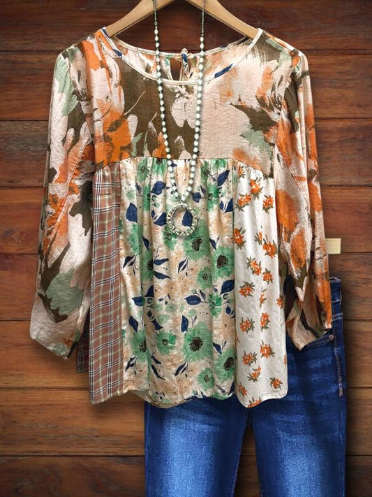 Retro Floral Patchwork Casual Blouse