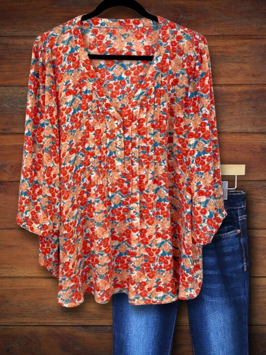 Floral Pleated Casual Blouse