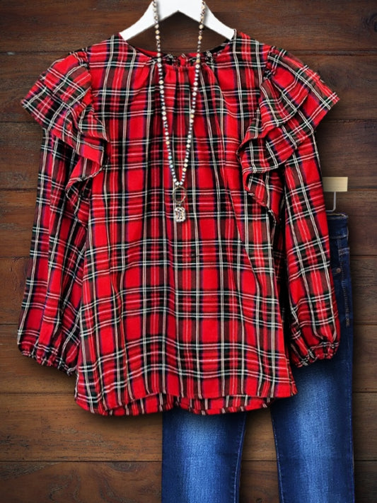 Classic Plaid Ruffle Sleeve Top