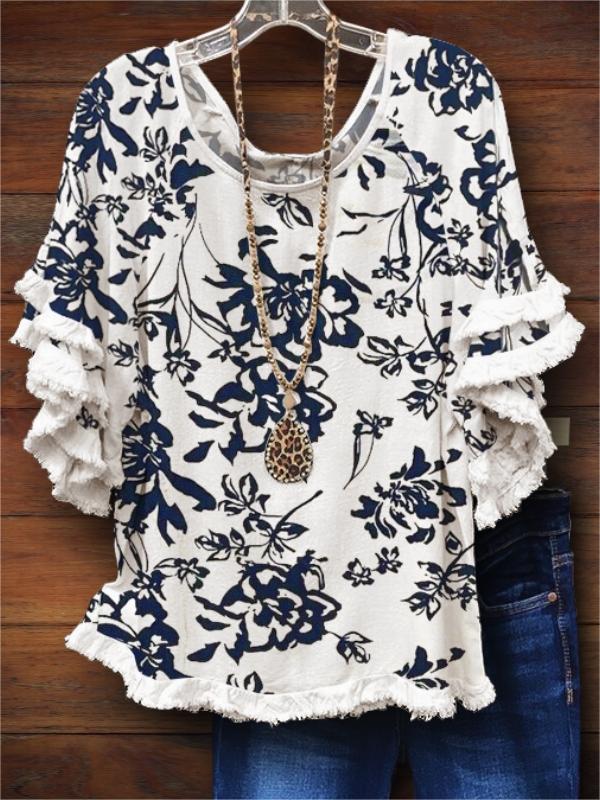 Floral Print Ruffles Fringed Blouse