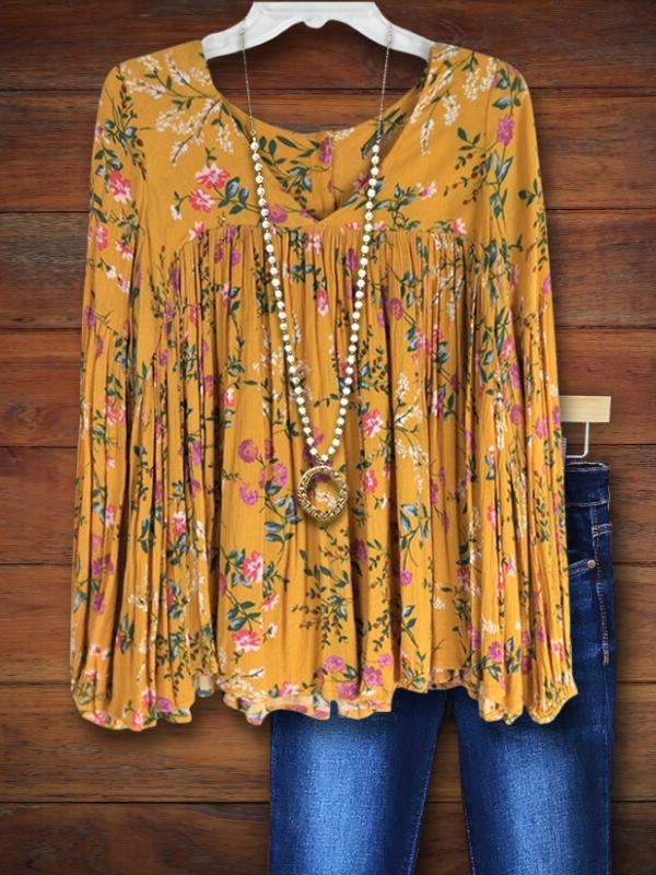 Vintage Floral Pleated Casual Blouse