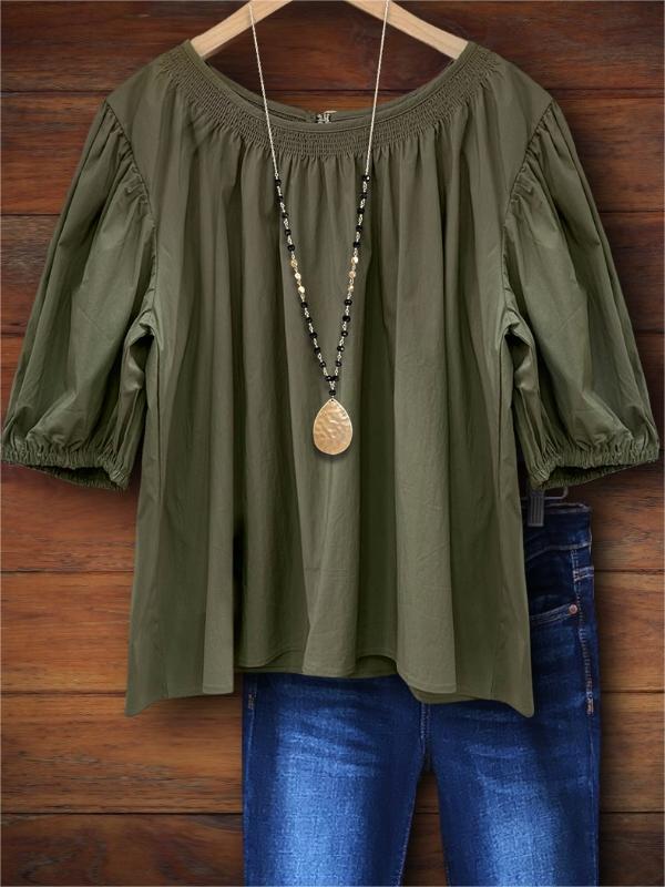 Solid Color Gathered Casual Blouse