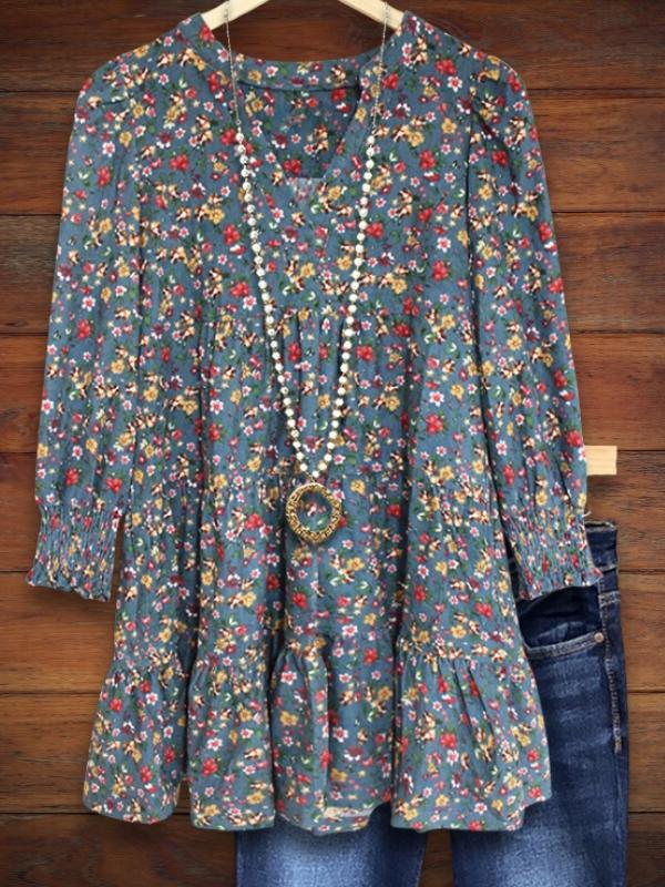 Retro Floral Mid-Length Casual Blouse