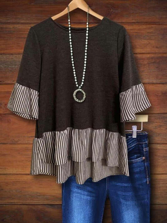 Striped Patchwork Ruffle Sleeve Blouse