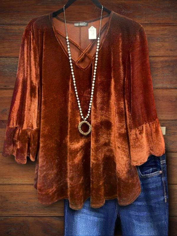 Stylish Vintage Ruffle Sleeve Velvet Blouse