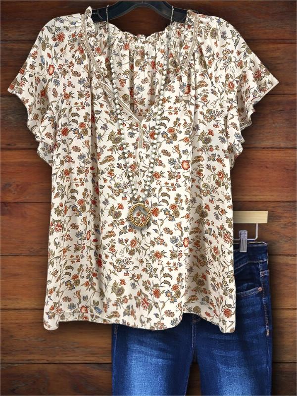 Vintage Floral Ruffle Casual Blouse