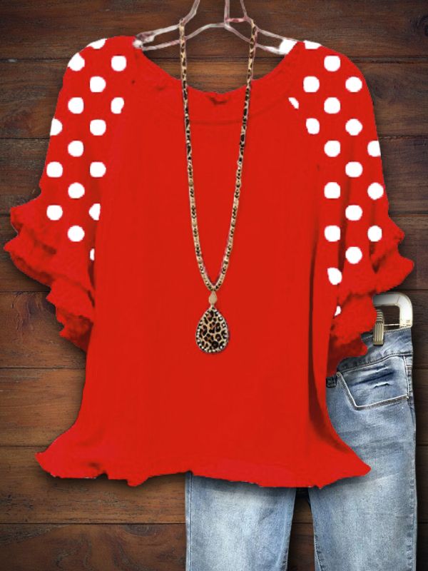 Cute Dot Print Ruffle Sleeve Tee In Red