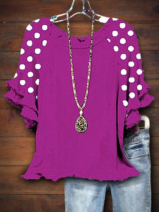 Cute Dot Print Ruffle Sleeve Tee In Purple