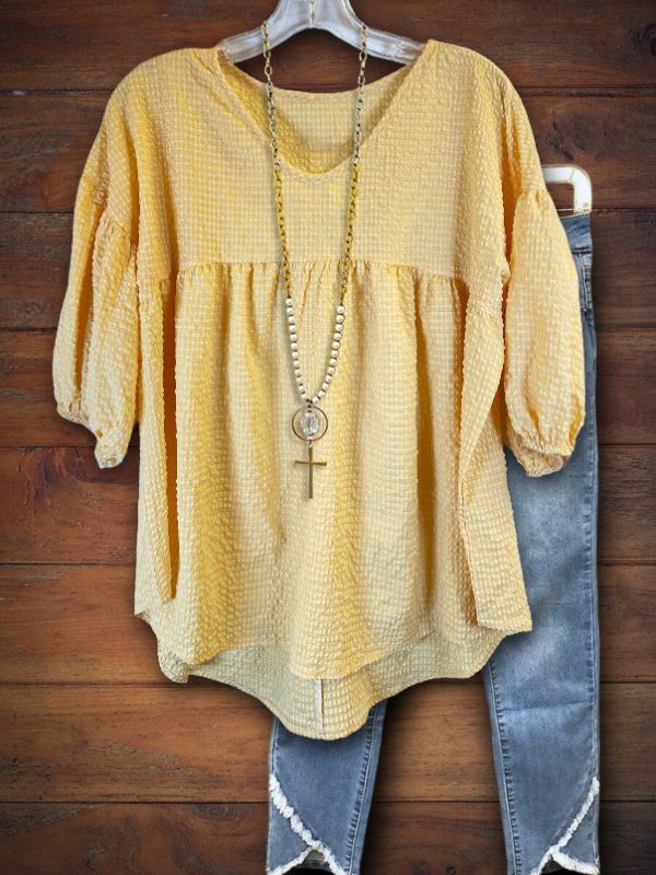 Check Texture Puff Sleeve Top