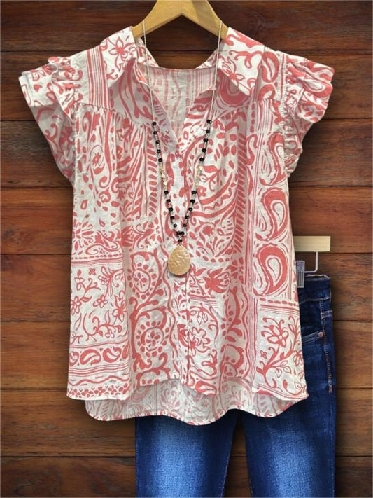 Retro Tribal Print Ruffled Casual Blouse