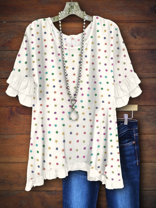 Colorful Polka Dot Layered Ruffle Sleeve Blouse