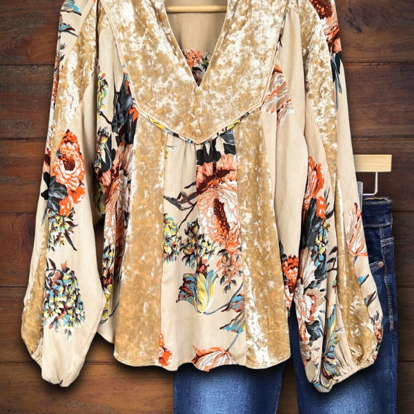 Women's blouse | Floral Print Velvet Patchwork Top