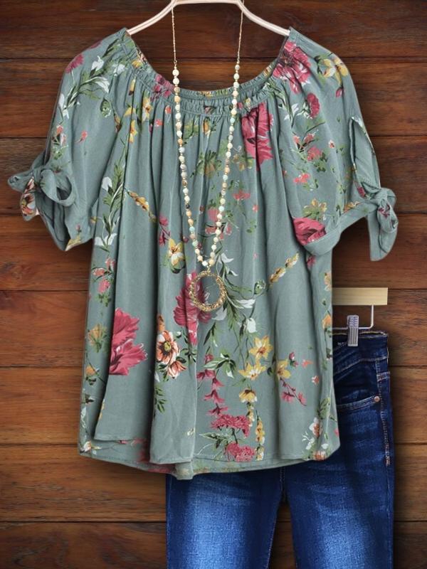 Floral Print Gathered Knotted Blouse