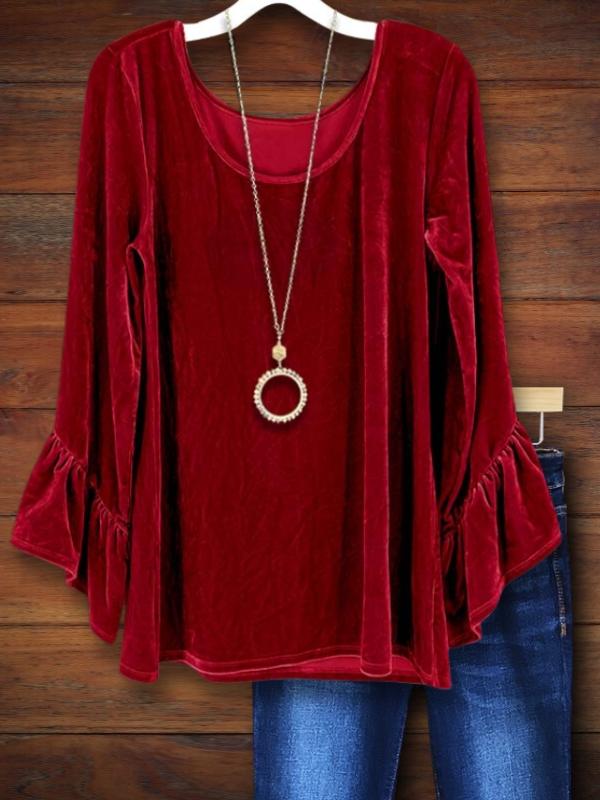 Beautiful Red Velvet Ruffle Sleeve Blouse