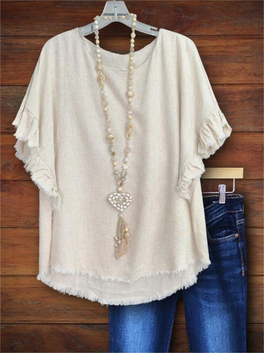 Beige Linen Ruffle Sleeve Blouse