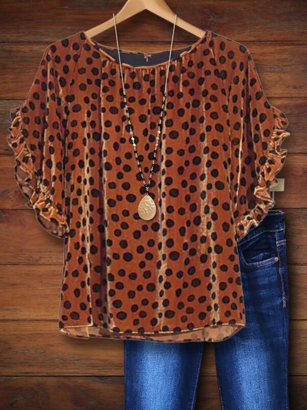 Irregular Dotted Velvet Ruffle Casual Blouse