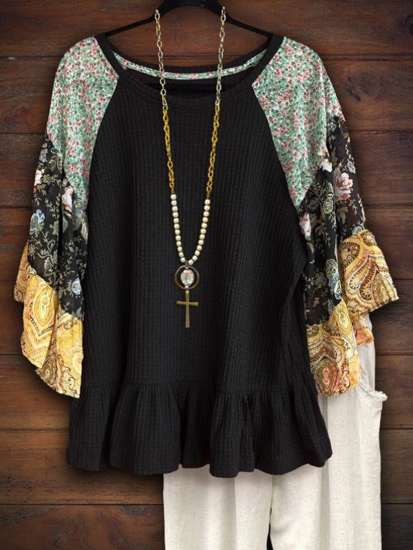 Mixed Print Waffle Patch Top