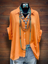 Linen Button Up Top in Orange