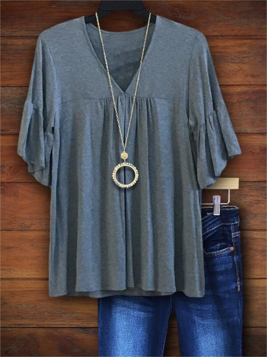 Gray Cotton Ruffle Sleeve Blouse