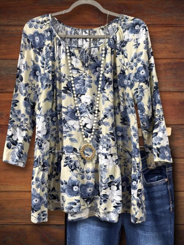 Retro Blue Floral Print Casual Blouse