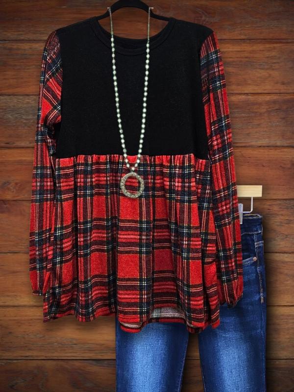 Classic Red Plaid Patchwork Casual Blouse