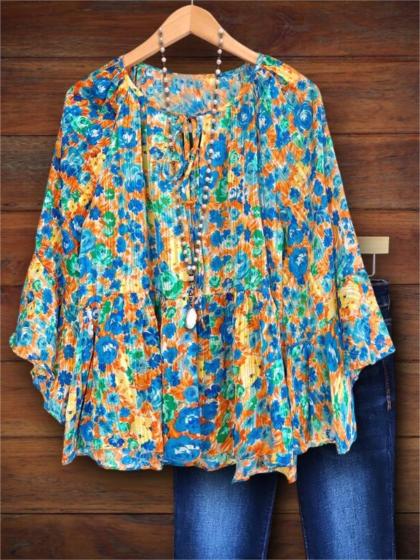 Floral Abstract Print Bell Sleeve Blouse