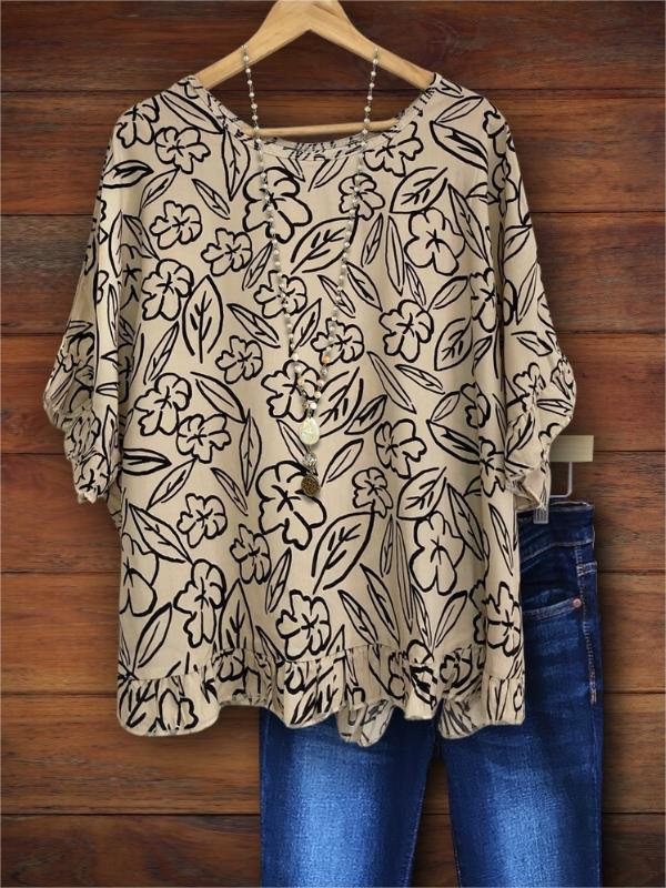 Simple Floral Printed Ruffle Hem Blouse