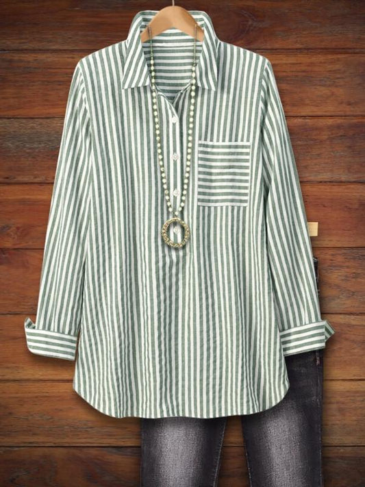 Fresh Green Striped Loose Blouse