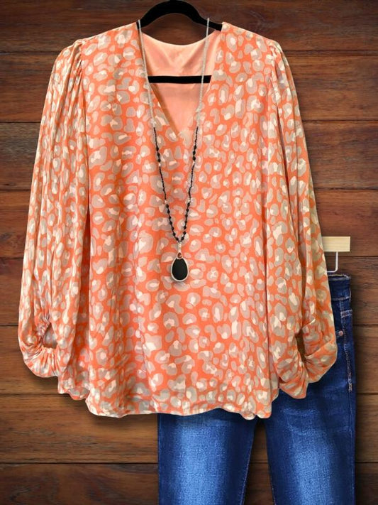 Orange Leopard Print Puff Sleeve Blouse