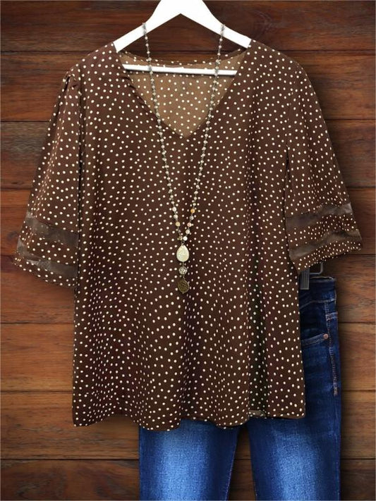 Polka Dot Print Mesh Patchwork Blouse