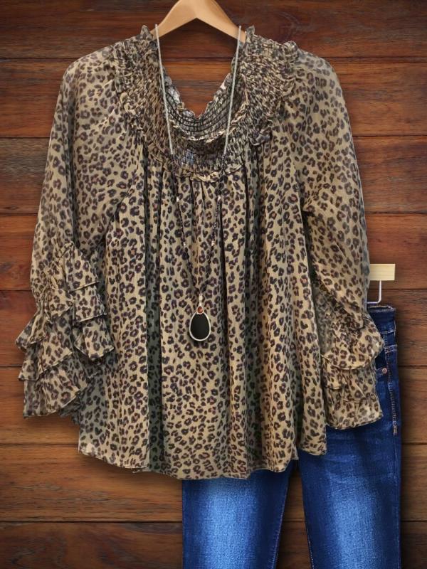 Leopard Print Gathered Tiered Ruffle Sleeve Blouse