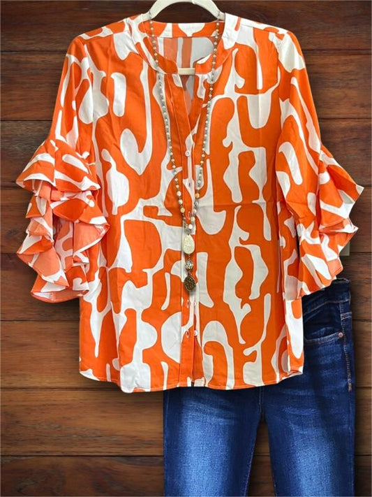 Abstract Printed Ruffle Sleeve Blouse