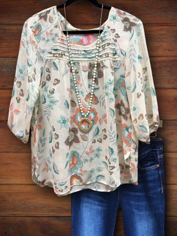 Vintage Floral Pleated Casual Blouse