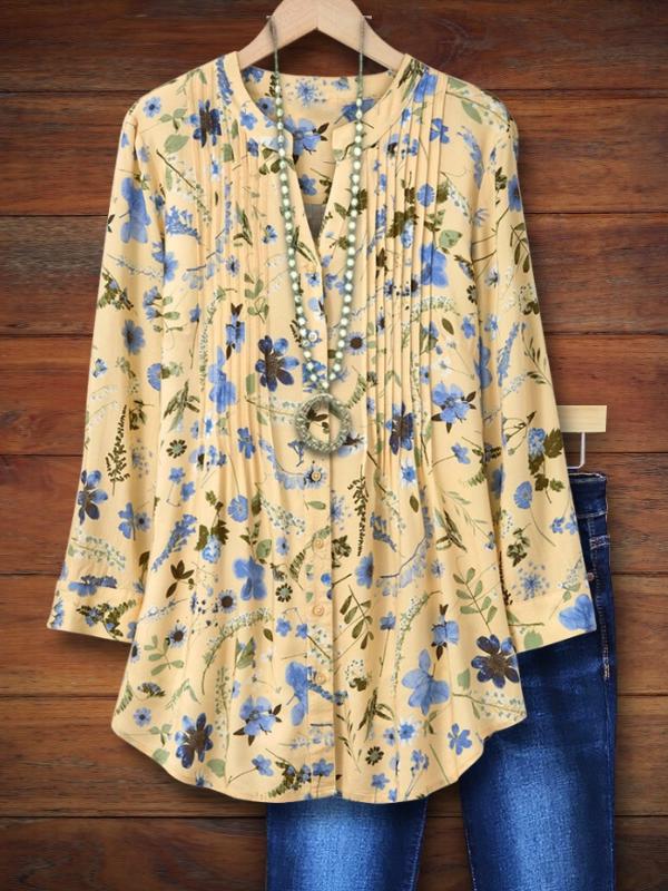 Natural Floral Print Pleated Blouse