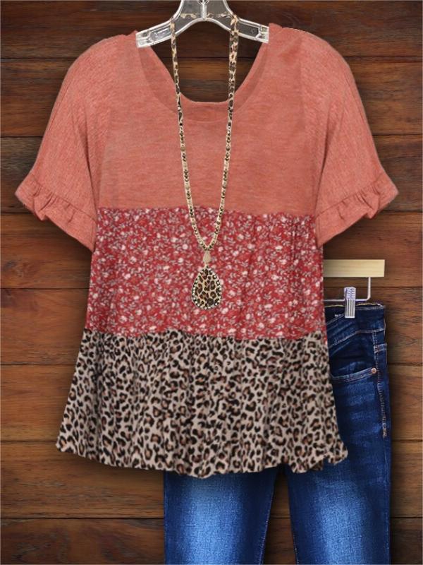Floral Leopard Print Patchwork Ruffle Sleeve Tee