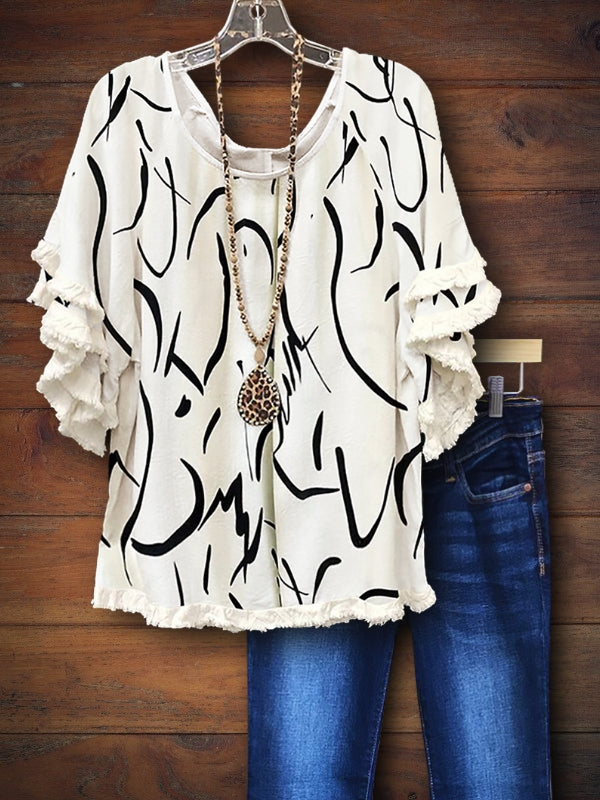 Abstract Line Print Fringed Blouse
