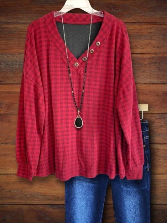 V-Neck Plaid Long-Sleeved Sweatshirt