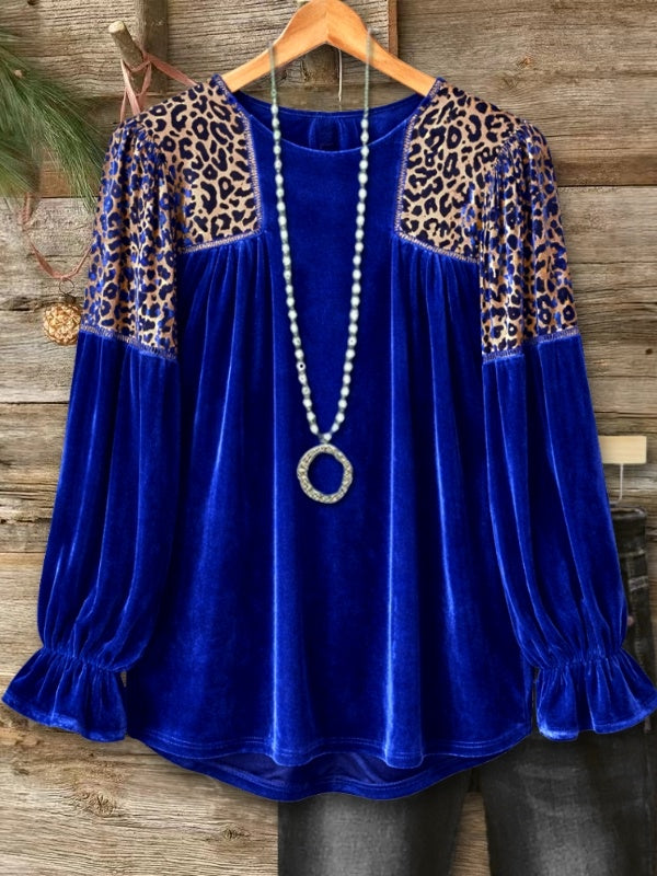 Leopard Patchwork Velvet Babydoll Top