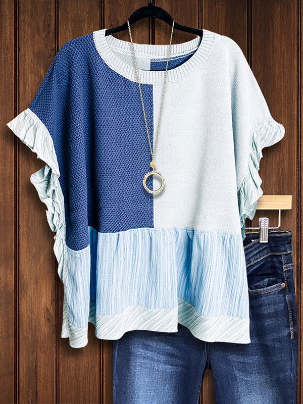 Colorblock Ruffle Sleeve Knit Top