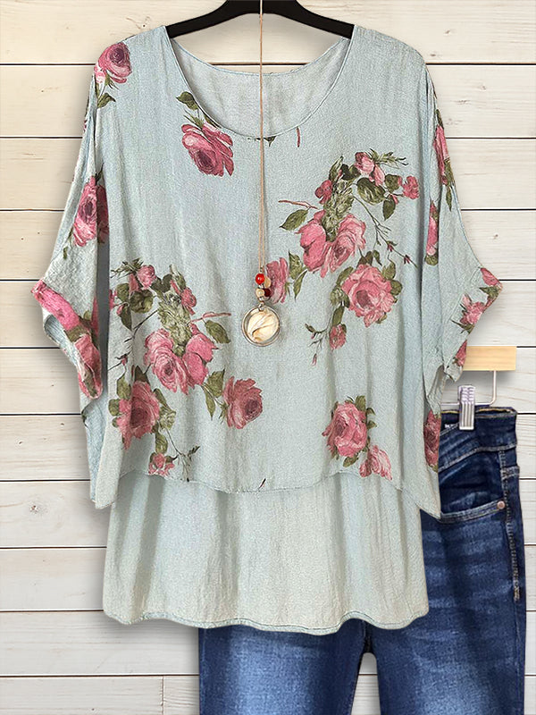 Floral Print Batwing Sleeve Blouse