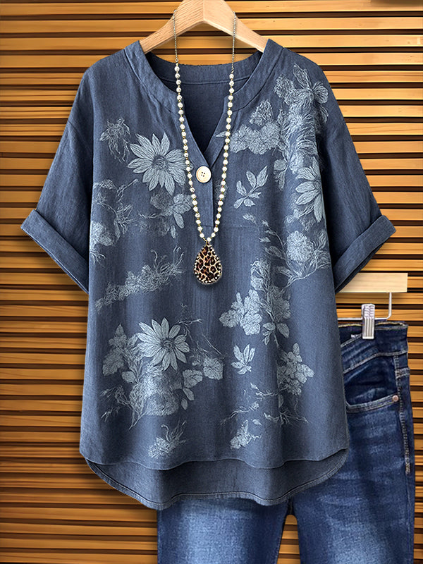 Indigo V-Neck Floral Tee