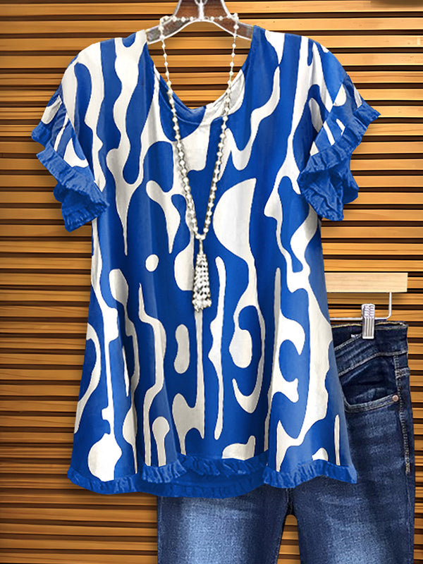 Indigo Wave Ruffle Sleeve Top