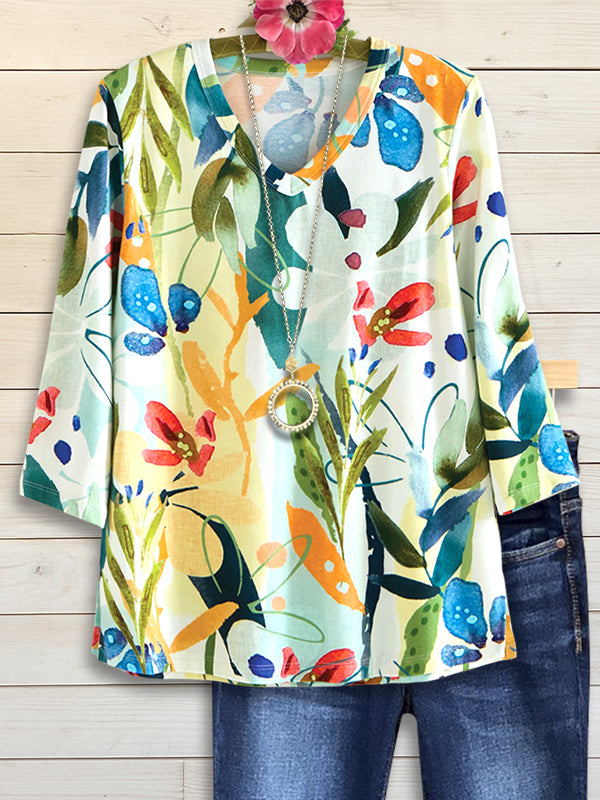 V-Neck Watercolor Floral Blouse