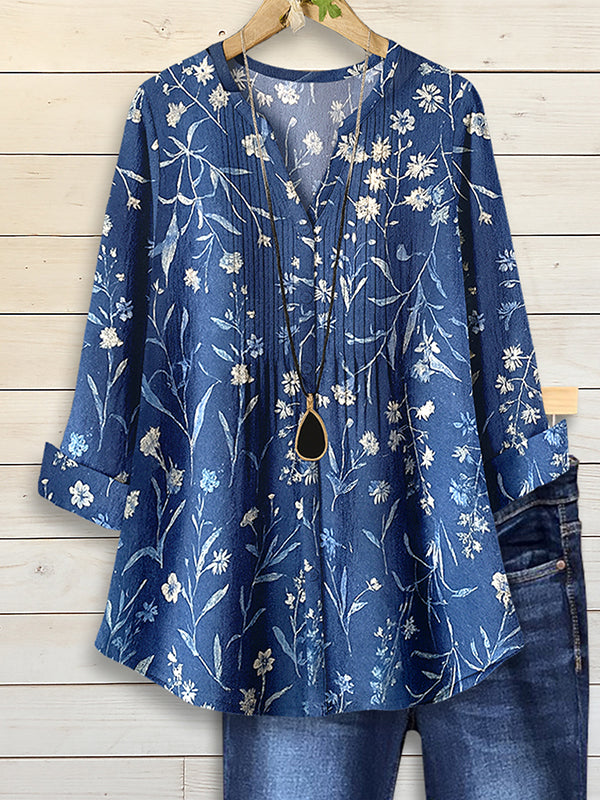 Pleated V-Neck Indigo Floral Blouse