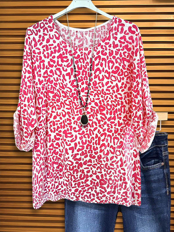 Round Neck Pink Leopard Print Blouse