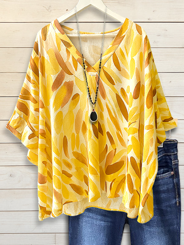 V-Neck Batwing Sleeve Yellow Print Top