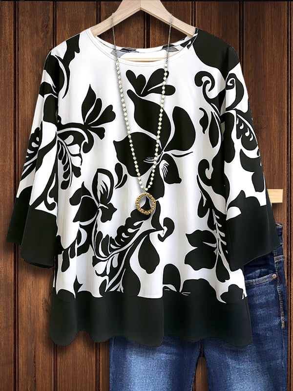 Black &amp; White Bold Floral Sleeve Blouse